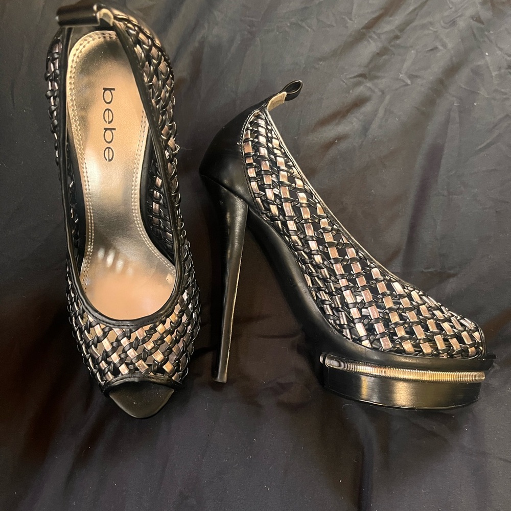 Bebe Black and Silver Woven Peep Toe Heels